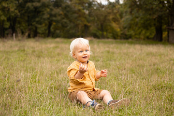 smiling baby boy sitting in meadow in grass in autumn forest