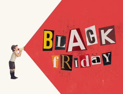 Contemporary art collage. Creative design. Little boy, child shouting in megaphone and claiming about Black Friday shopping - Powered by Adobe