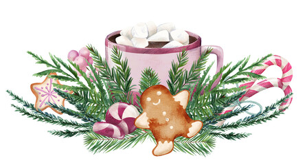 Spruce branches with pink christmas toys and marshmallow cacao mug