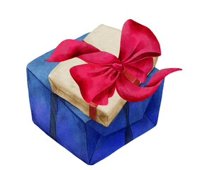 Wrapped gift box with decorative bow. Watercolor illustration.