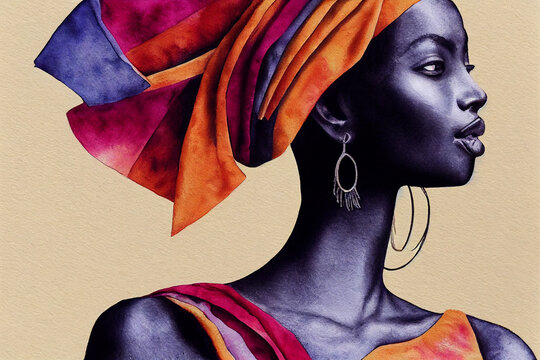 Portrait of beautiful African woman. Traditional turban, Kente head wrap African, Traditional dashiki printing, black afro women with traditional batik, ethnic illustration