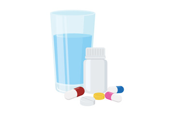 Medicine bottle, pills, capsules and a glass of water Vector illustration isolated on a white background.