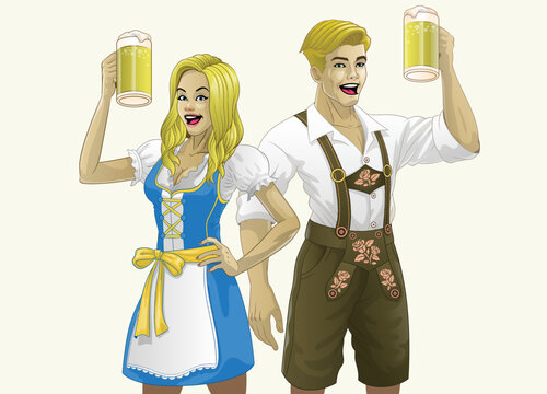 Bavarian German Couple wearing traditional Clothing and Hold the Beers