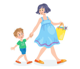Young pregnant mother goes with little son by the hand. In her hand is a bag with toys and books. In cartoon style. Isolated on white background. Vector illustration