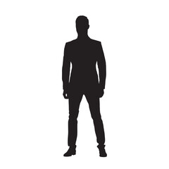 Businessman standing, isolated vector silhouette, front view. Man in suit
