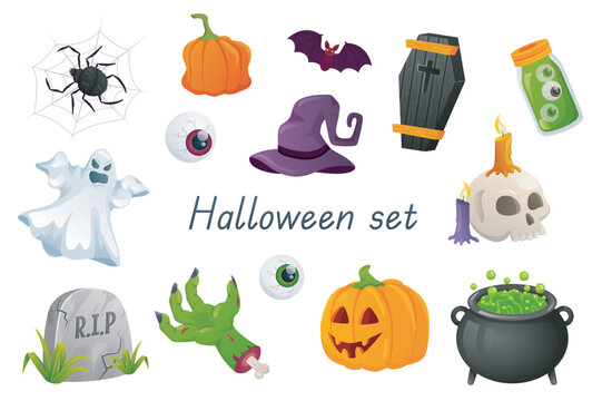 Halloween decor and symbols 3d realistic set. Bundle of spider on web, pumpkin, bat, eyes, witch hat, coffin, skull with candles, ghost, zombie hand and other isolated elements.Vector illustration