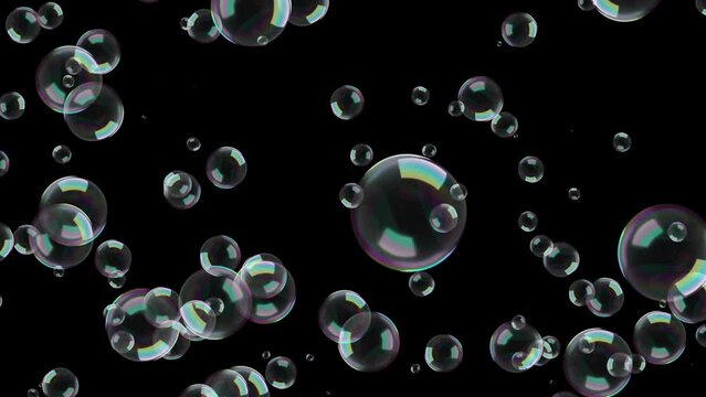 realistic 3d soap bubbles flying on dark background, shiny and glowing bubble motion 4k animation, cleaning products design element