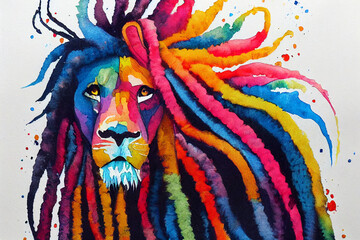 Colorful portrait. Lion. Watercolor colorful image. Digital painting.