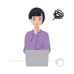 デスクで座ってPCを開いて困っているリモートワークの女性