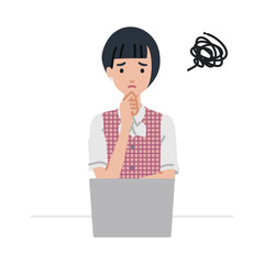 デスクで座ってPCを開いて困っている事務員制服の女性