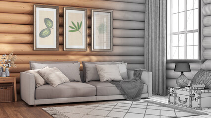Architect interior designer concept: hand-drawn draft unfinished project that becomes real, log cabin living room. Fabric sofa, carpet and windows. Frame mockup, farmhouse