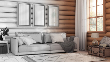 Architect interior designer concept: hand-drawn draft unfinished project that becomes real, log cabin living room. Fabric sofa, carpet and windows. Frame mockup, farmhouse