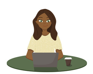 A girl - an African American is sitting at a table, at a laptop. Studying, listening to lectures. Illustration isolated on a white background in vector.