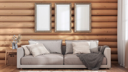 Log cabin living room in white and beige tones, front view. Frame mock up, fabric sofa with pillows. Farmhouse interior design
