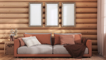 Log cabin living room in orange and beige tones, front view. Frame mock up, fabric sofa with pillows. Farmhouse interior design