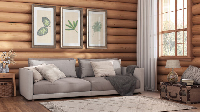 Log cabin living room in white and beige tones. Fabric sofa, carpet and windows. Wooden ranch, farmhouse interior design