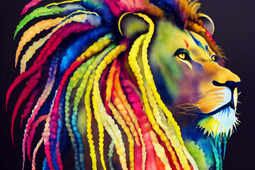 Colorful portrait. Lion. Watercolor colorful image. Digital painting. - 529197631