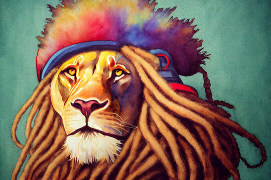 Colorful portrait. Lion. Watercolor colorful image. Digital painting.