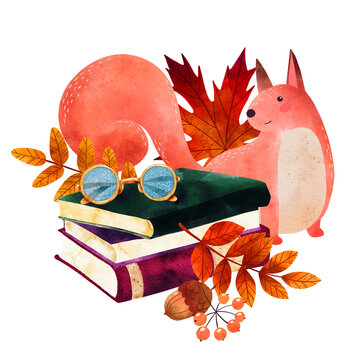 Cute squirrel with books, reading glasses, leaves and berries
