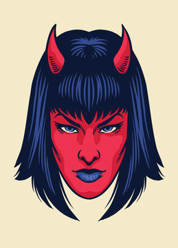 Vintage drawing of Devil women Face
