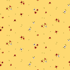 Seamless floral pattern, cute ditsy print with mini cute flowers in an abstract composition on a yellow surface. Pretty botanical background design with small hand drawn flowers, leaves. Vector.