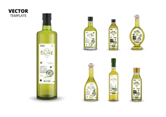 Foto op Plexiglas Natural extra virgin olive oil realistic glass bottles with labels. Layout of food identity branding, modern packaging design. Traditional healthy product, organic vegan nutrition vector illustration © Alfazet Chronicles