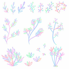 Set Rainbow line Leaves, signs and symbols, Hand drawn in doodle style.