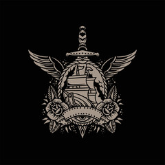 Fototapeta premium dagger and ship tattoo vector design