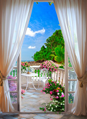 Exit to the terrace with a view of the picturesque landscape. Photo wallpapers. Mural on the wall.