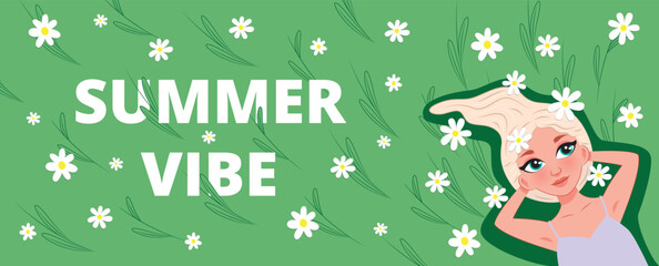 Spring or summer vibe horizontal banner where cartoon woman lies on the grass with daisies. Concept art for print, postcards, flyers, typography, t-shirts. 