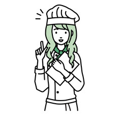 立って書類を手に持って何かひらめいた調理師の女性