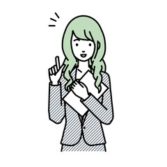 立って書類を手に持って何かひらめいたスーツの女性