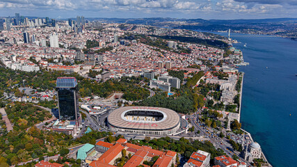 Bird's-eye overhead 6K view of Vodafone Park Besiktas stadium in Istanbul
