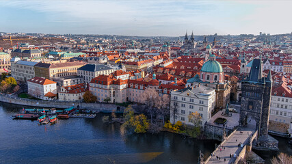 Naklejka na ściany i meble Aerial view Charles Bridge of the old town in Prague, Czech Republic