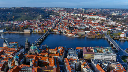 Fototapeta premium Aerial view of beautiful Prague old town and river in Czech Republic