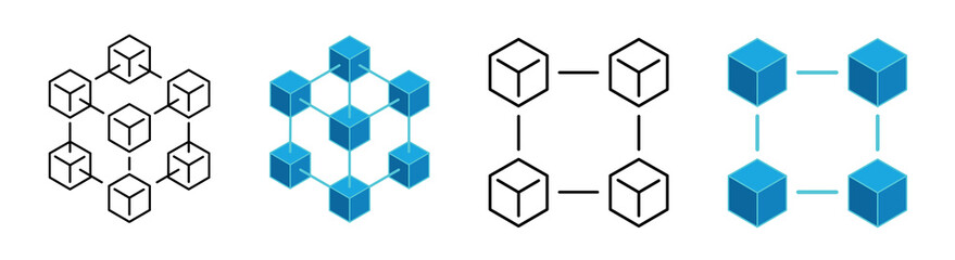 Blockchain icon set. Block validation in the blockchain. Blockchain technology. Abstract hexagon background. Editable stroke icons. Vector illustration