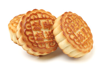 Mid-Autumn Festival moon cake on white background（Non-English texts translation :Five kernels, purple potato, chestnut）