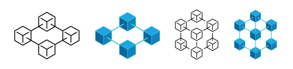 Blockchain icon set. Block validation in the blockchain. Blockchain technology. Abstract hexagon background. Editable stroke icons. Vector illustration