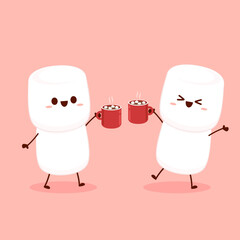 Funny Marshmallows characters  and hot chocolate with marshmallows. Marshmallows character design. Dessert cartoon. Red cup with muffin.