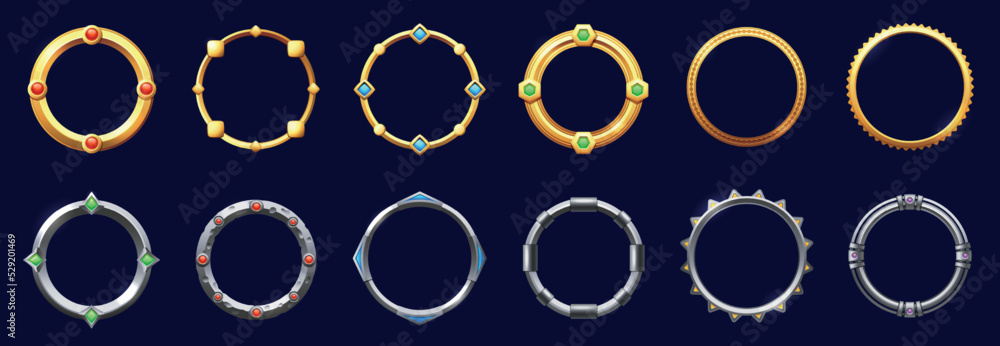 Poster game round interface frames. cartoon ui circle game asset items, empty golden medieval silver textur