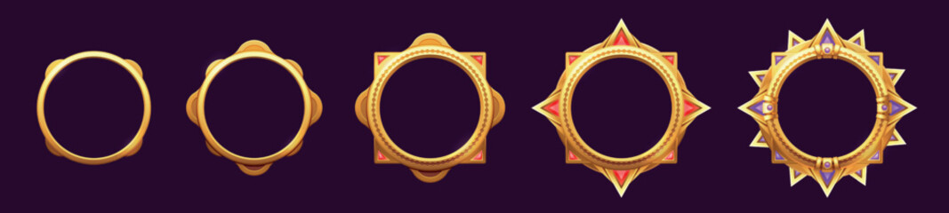 Game level frame. Cartoon round UI avatar border kit, circle game asset icons mobile web user interface, GUI sprite collection. Vector isolated set © Tartila