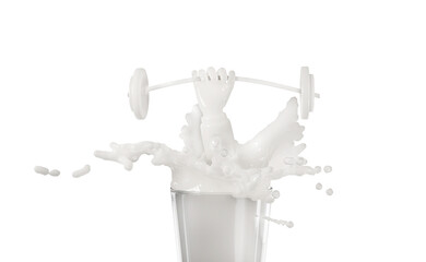 3d milk or yogurt ripple splash in the glass with hands holding barbells isolated. 3d render illustration