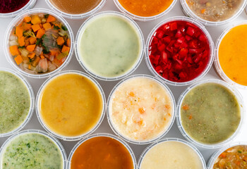 Various cream soups in bowls