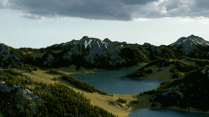 Fototapeta na wymiar Mountains with pine trees, grass and some snow surrounding a mountain lake under a blue sky with clouds. 3D render.