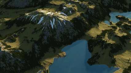 Mountains with pine trees, grass, some snow and mountain lakes. Aerial view. 3D render.