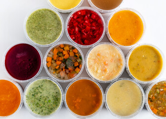 Various cream soups in bowls