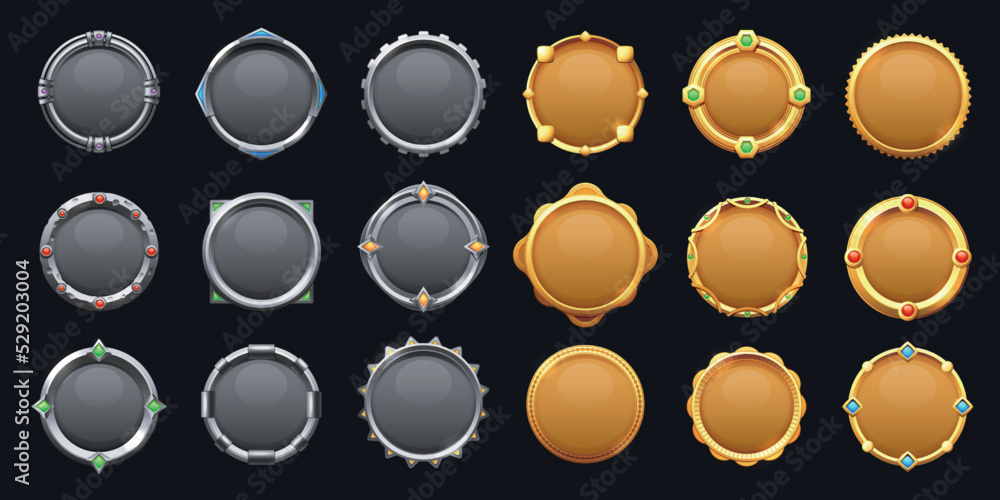 Poster game round metal button. cartoon steel game asset frame ui icons, empty metallic circle medal rating