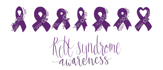 Rett Syndrome Awareness Month October handwritten lettering and purple support ribbon. Web banner vector template
