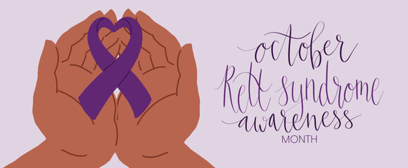 Rett Syndrome Awareness Month October handwritten lettering and purple support ribbon. Web banner vector template