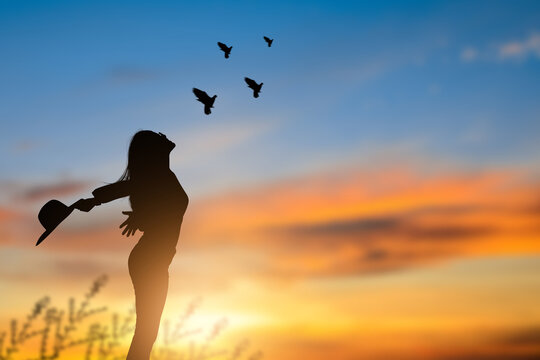 A young woman standing on the meadow alone, holding both arms up and holding a hat, looking up at the sky and birds flying freely in the sky at sunset. She shows relaxation and independence.